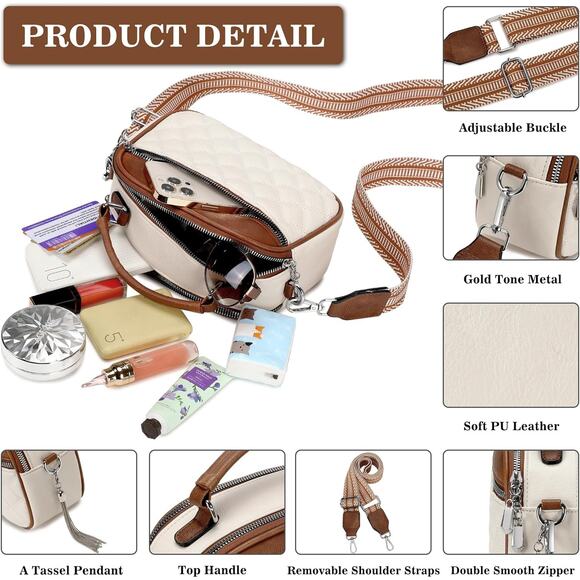 Quilted Cream & Brown Crossbody Bag | Top Handle Purse w/ Boho Strap - Picture 4 of 5